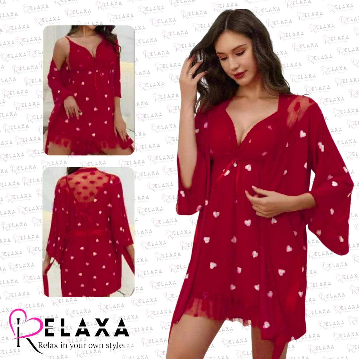 Relaxa Heart Print Thai Stuff Two Pice  Nighty