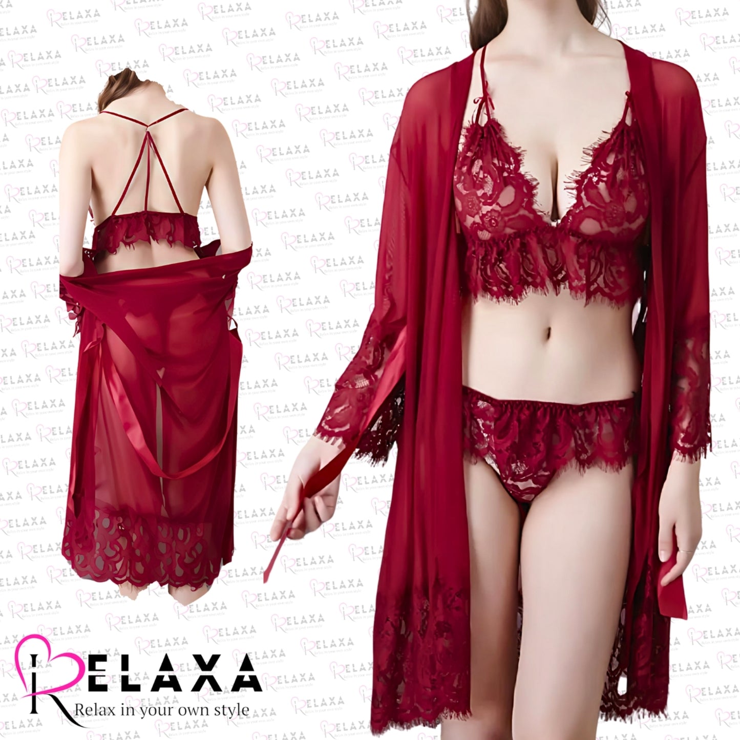 Relaxa Stylish Red Net Nighty Three Piece (Branded)