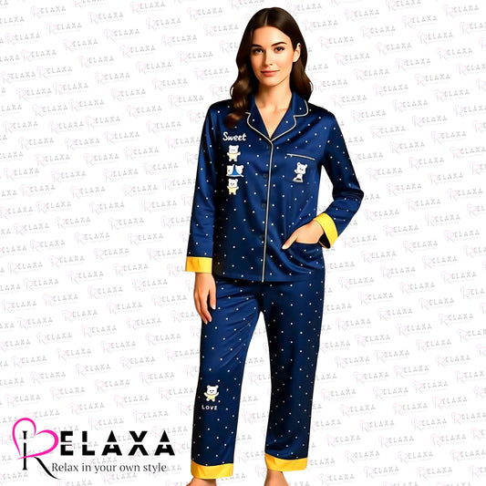 Blue & Golden Dotted Women Night PJ Set (China Import)