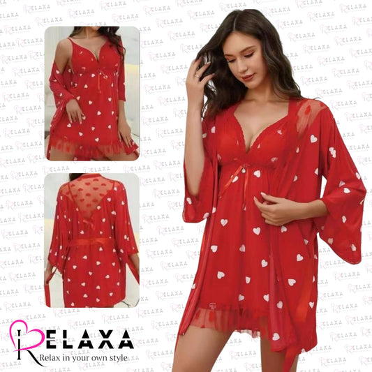 Relaxa Heart Print Thai Stuff Two Pice  Nighty