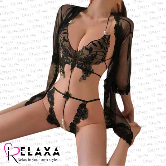 Realaxa Three Piece Floral Net Beaded Strap Gown Bikni Set