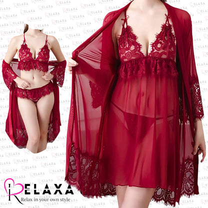 Relaxa Stylish Red Net Nighty Three Piece (Branded)