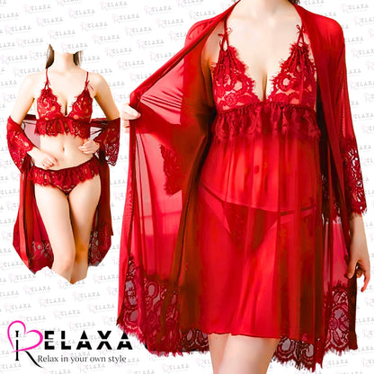 Relaxa Stylish Red Net Nighty Three Piece (Branded)